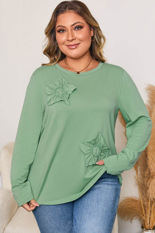 Grass Green Flower Applique Mineral Wash Plus Size Top - IntuitiveEncBoutique