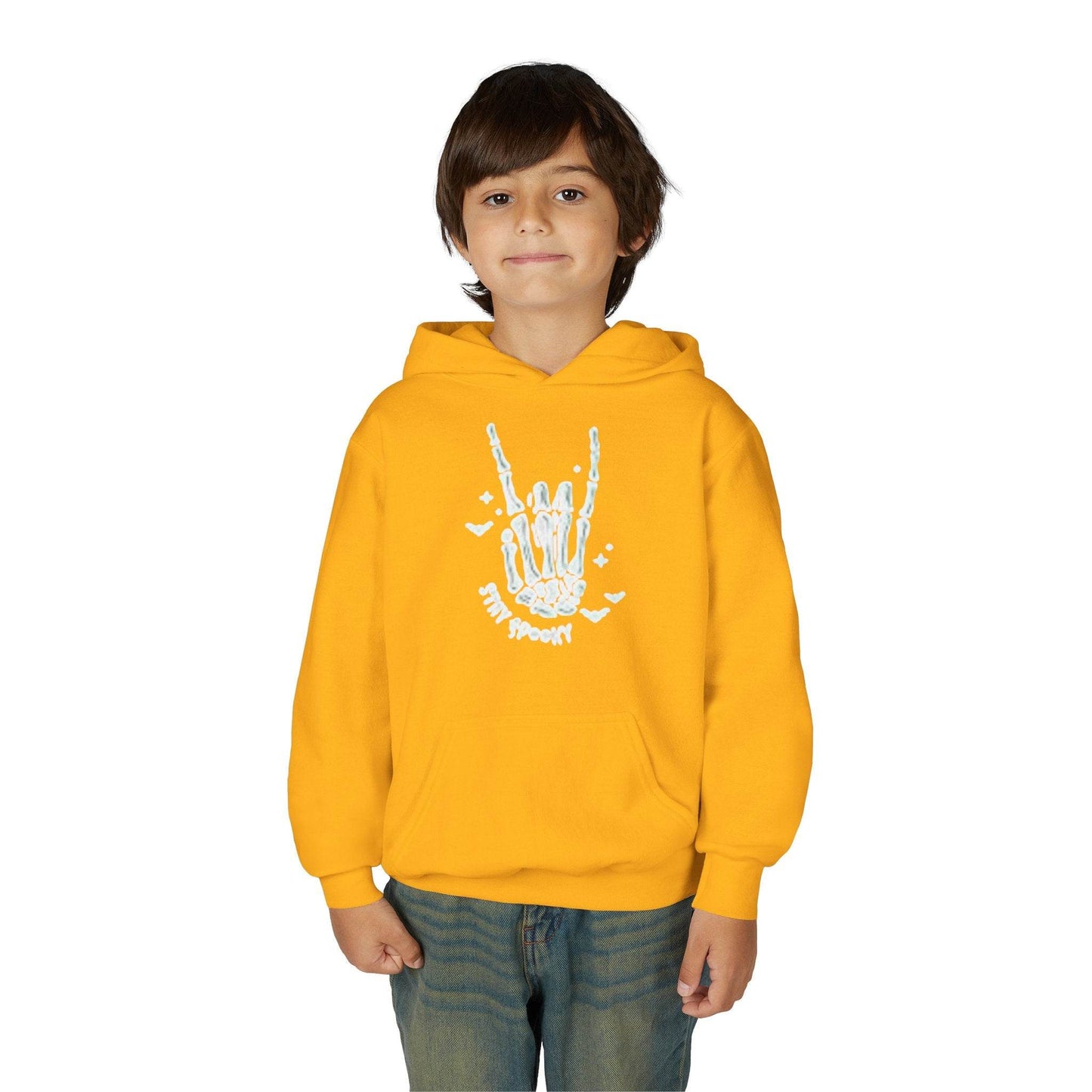 Youth Ghostly Rocker Hoodie - Stay Spooky Sweatshirt, Halloween Apparel, Youth Fashion, Skeleton Design, Cozy Gift - IntuitiveEncBoutique