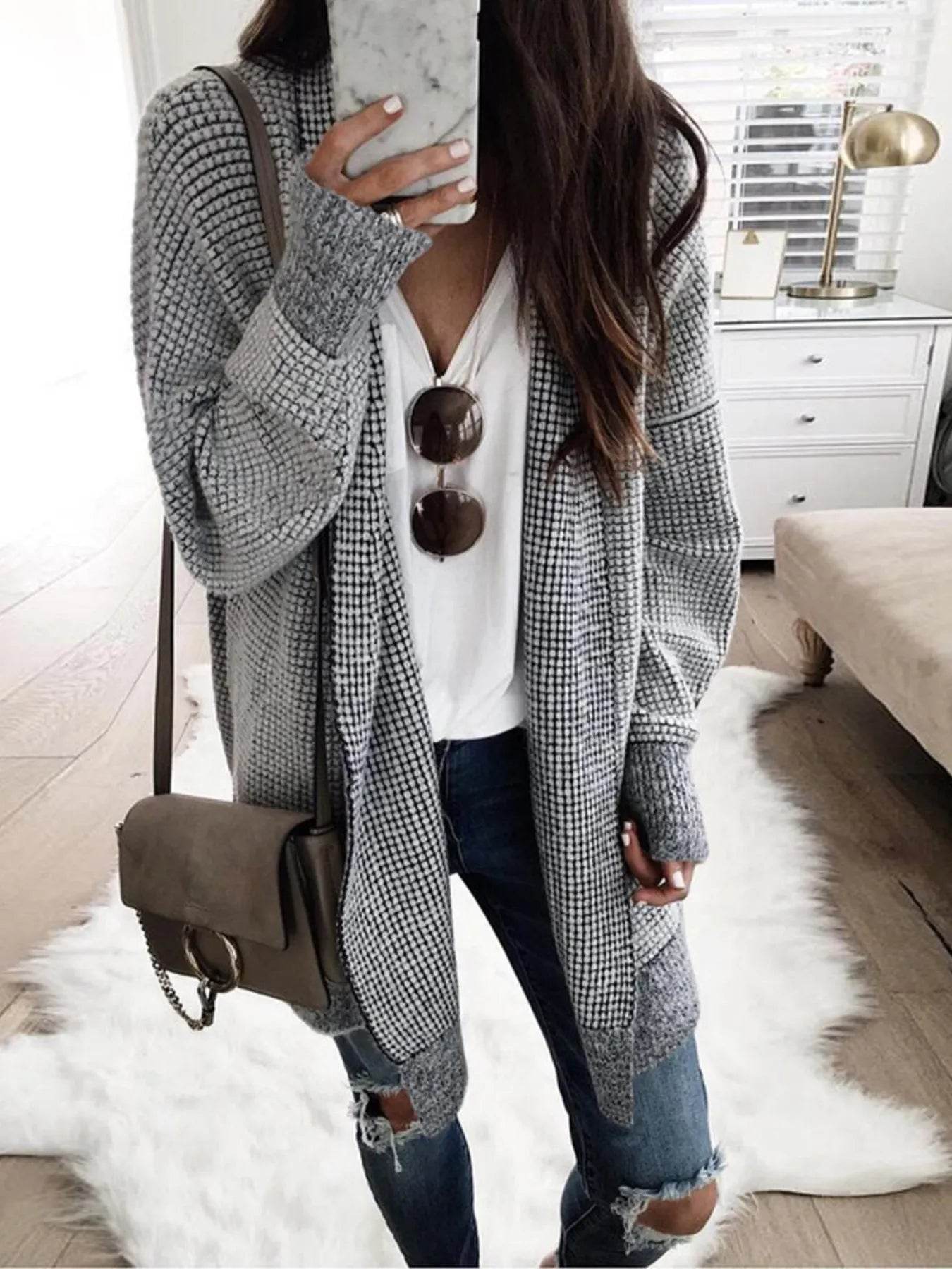 Contrast Plaid Longline Cardigan with Ribbed Trim - IntuitiveEncBoutique
