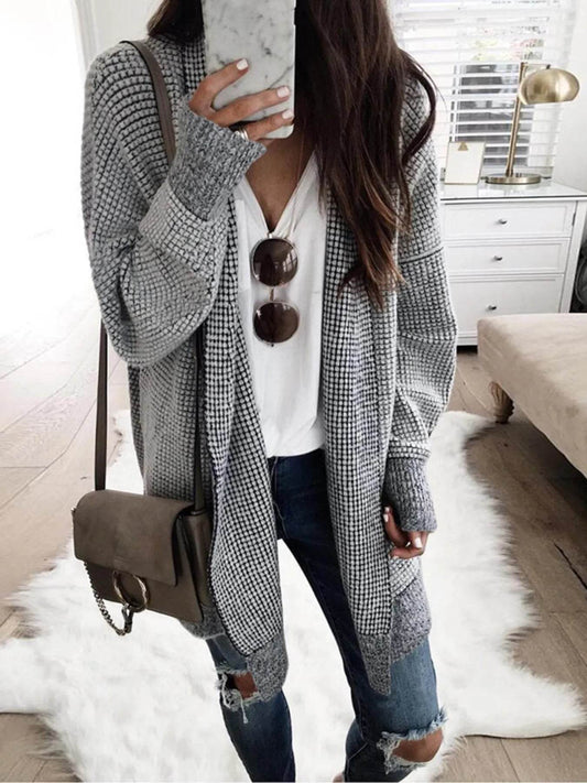 Contrast Plaid Longline Cardigan with Ribbed Trim - IntuitiveEncBoutique