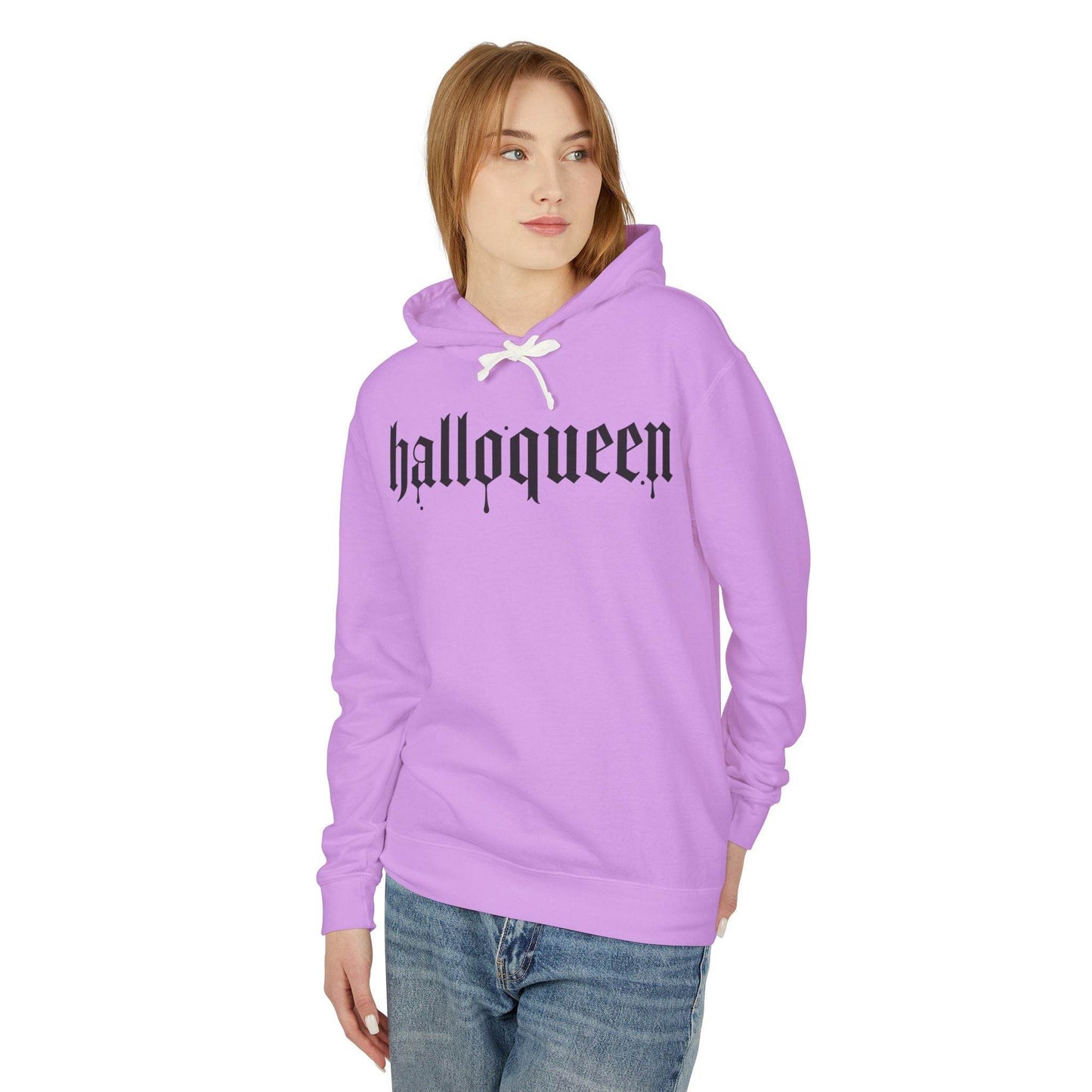 Halloween Unisex Lightweight Hoodie, Halloqueen Sweatshirt, Cute Fall Fashion, Cozy Halloween Gift, Spooky Season Apparel - IntuitiveEncBoutique