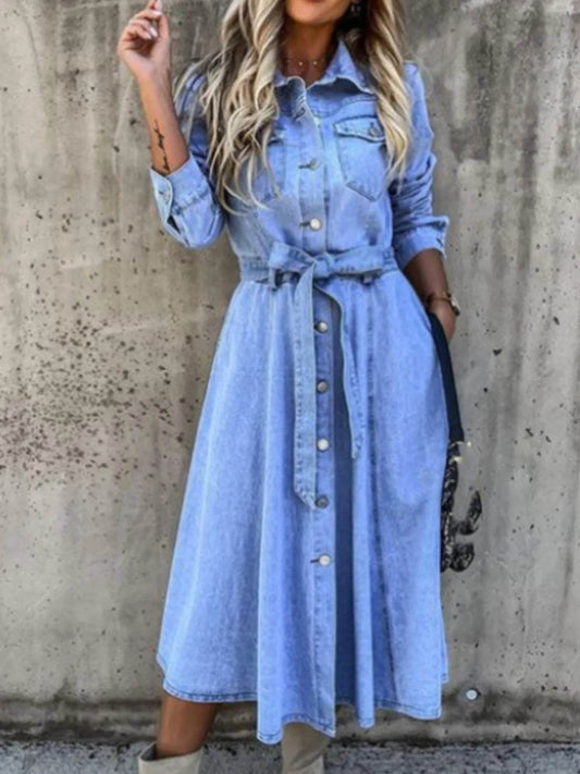 Full Size Tie Waist Button Front Denim Shirt Dress Plus Size - IntuitiveEncBoutique