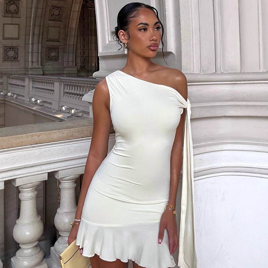 Style Solid Color Sexy One-Shoulder Tie Strap Sleeveless Dress Slimming Waist-Cinching Short Skirt - IntuitiveEncBoutique