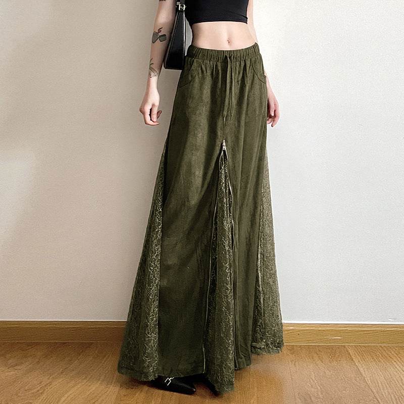 Vintage Green Lace Splicing Low Waist A-line Floor-length Skirt with Heavy Zipper - IntuitiveEncBoutique