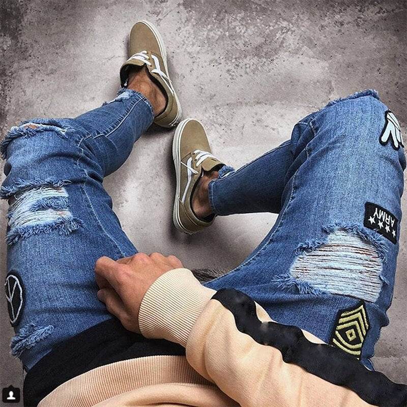 Men's Ripped jeans Badge Letters Hip-hop Skinny Jogging Denim Fashion Pencil Long Trousers Distressed Jeans For Men Clothing - IntuitiveEncBoutique