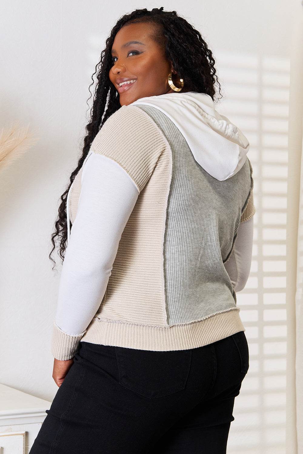 Double Take Color Block Exposed Seam Drawstring Hoodie - IntuitiveEncBoutique