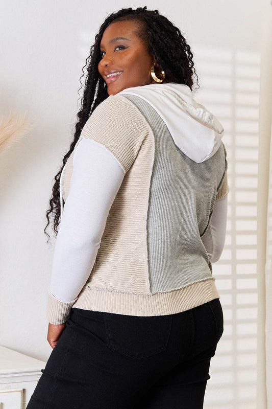Double Take Color Block Exposed Seam Drawstring Hoodie - IntuitiveEncBoutique
