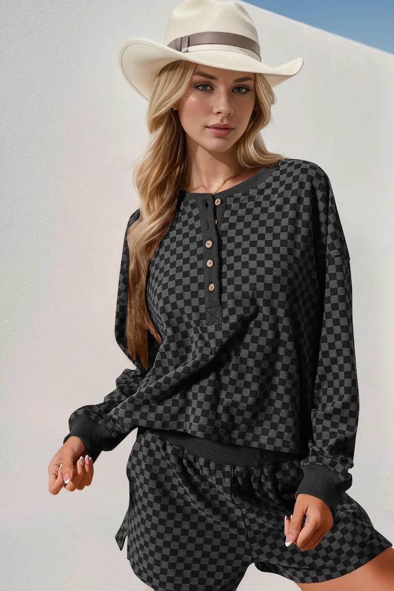 Double Take Checkered Half Button Top and Shorts Set - IntuitiveEncBoutique
