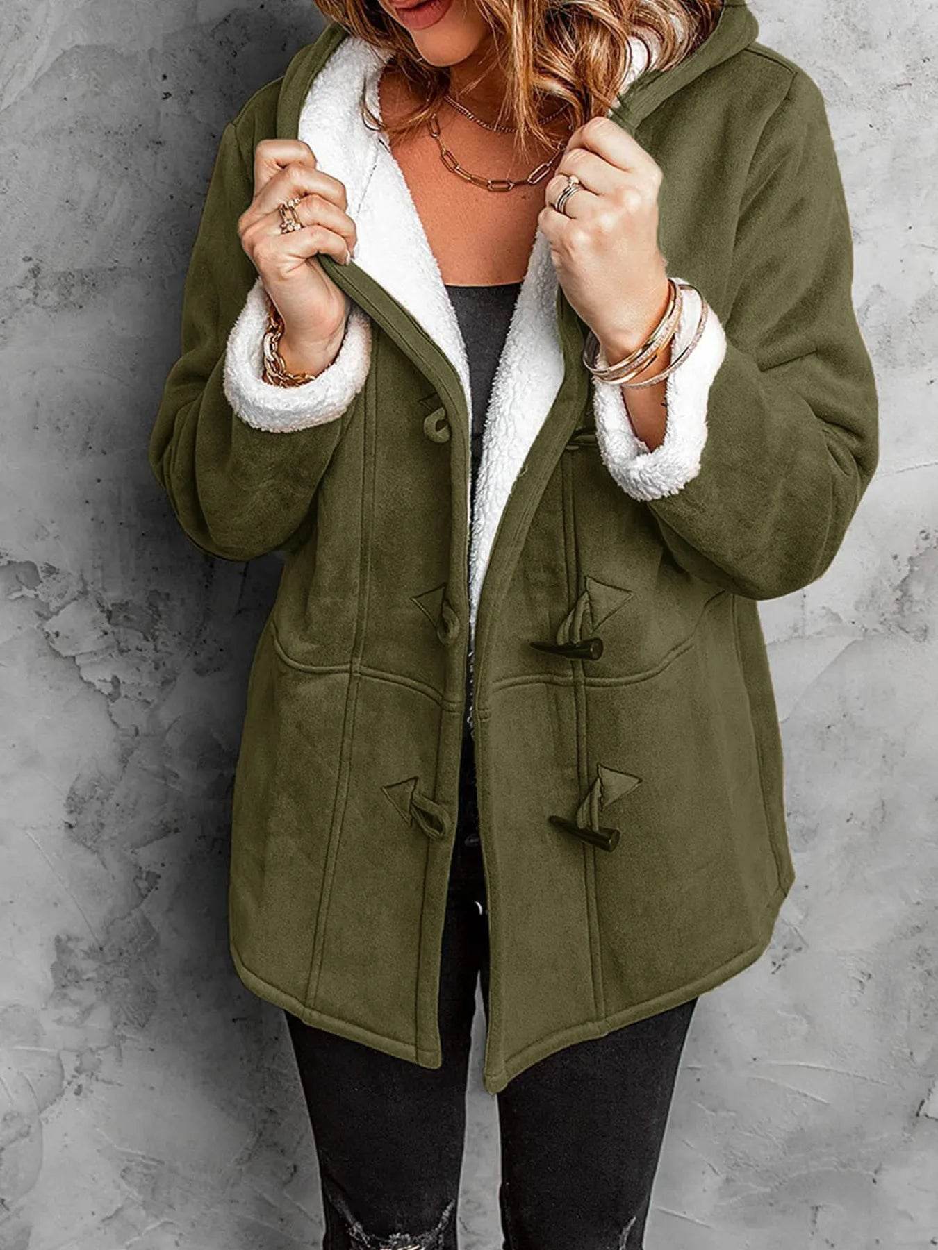 Full Size Cozy Sherpa Lined Toggle Coat with Hood Plus Size - IntuitiveEncBoutique