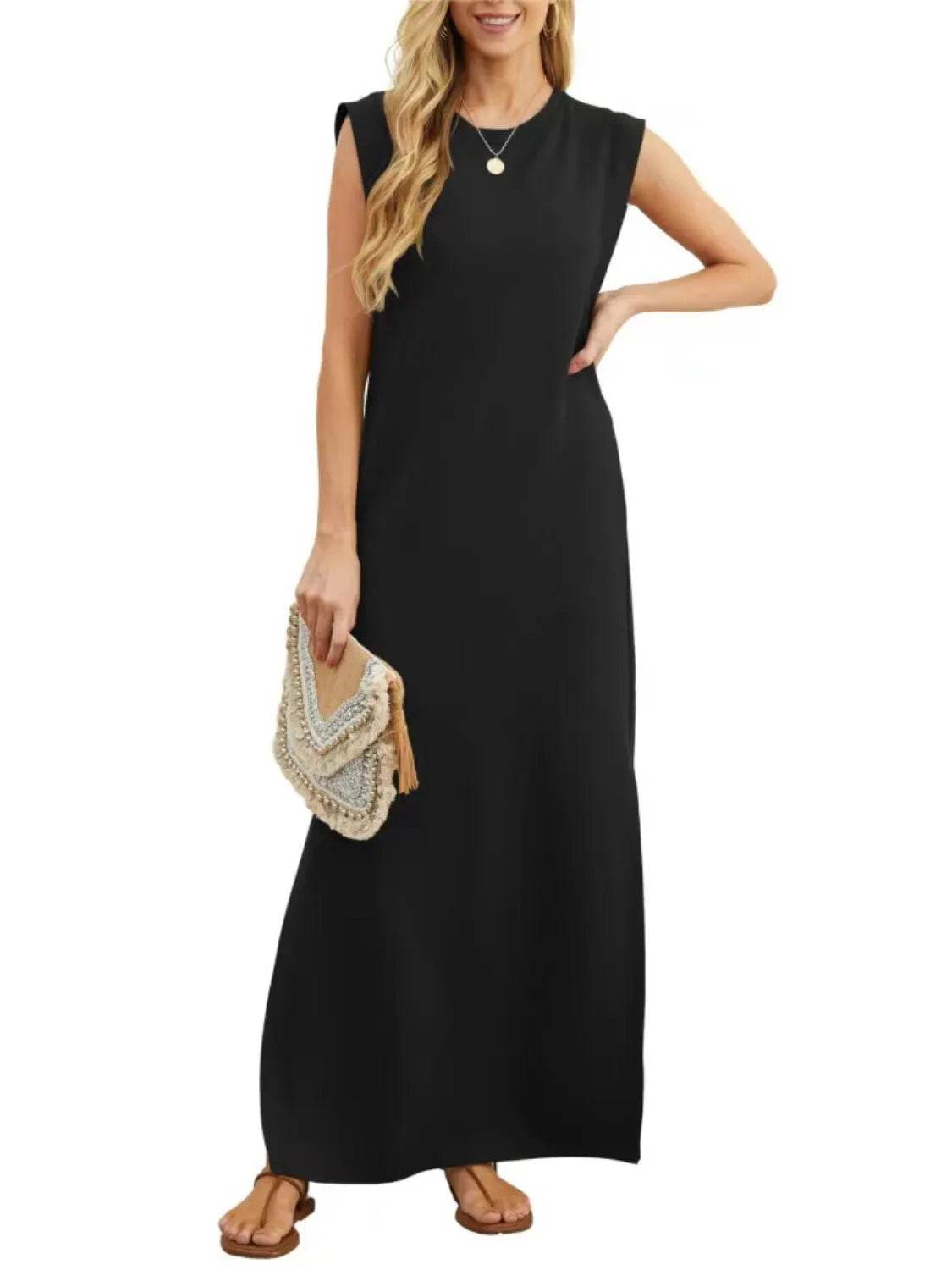 Full Size Slit Round Neck Sleeveless Maxi Tank Dress Plus Size - IntuitiveEncBoutique