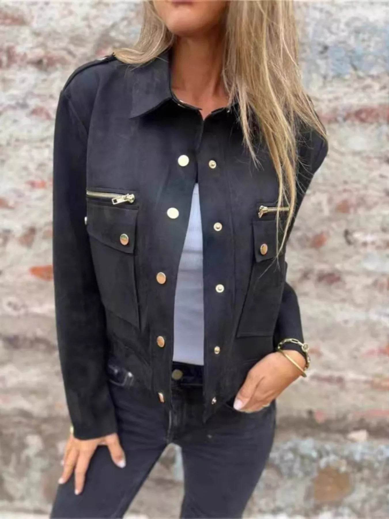 Full Size Snap Down Long Sleeve Jacket Plus Size - IntuitiveEncBoutique