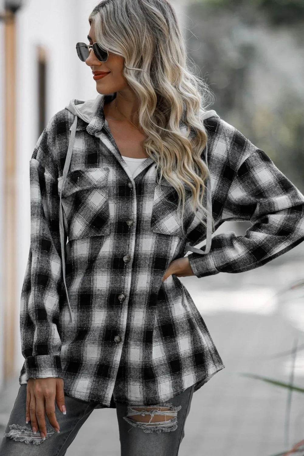 Double Take Drawstring Plaid Long Sleeve Hooded Shacket - IntuitiveEncBoutique