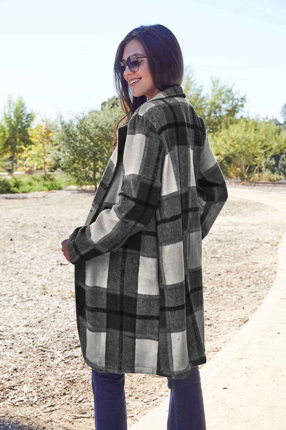Double Take Full Size Plaid Button Up Lapel Collar Coat - IntuitiveEncBoutique