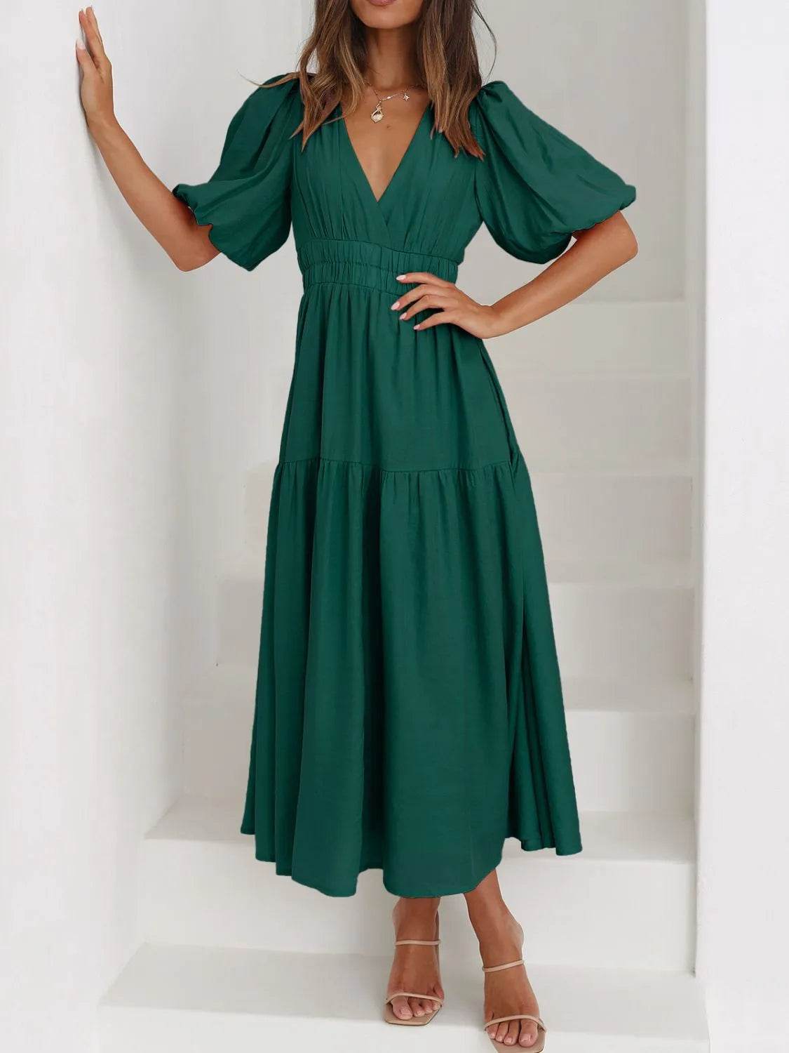 V-Neck Puff Sleeve Midi Dress - IntuitiveEncBoutique