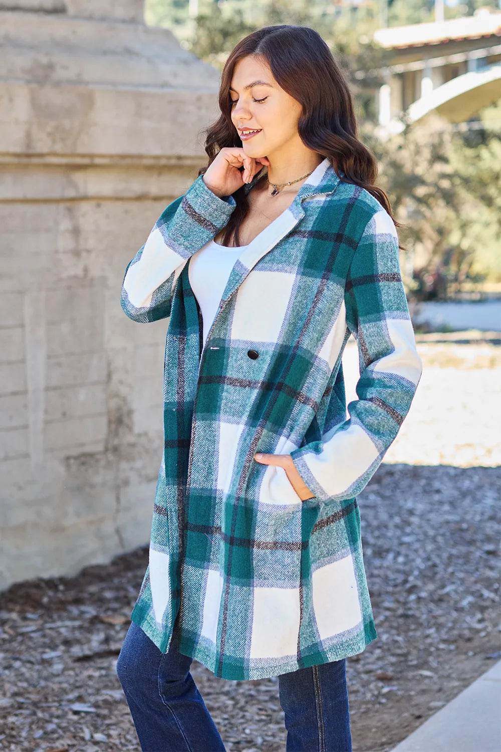 Double Take Full Size Plaid Button Up Lapel Collar Coat - IntuitiveEncBoutique
