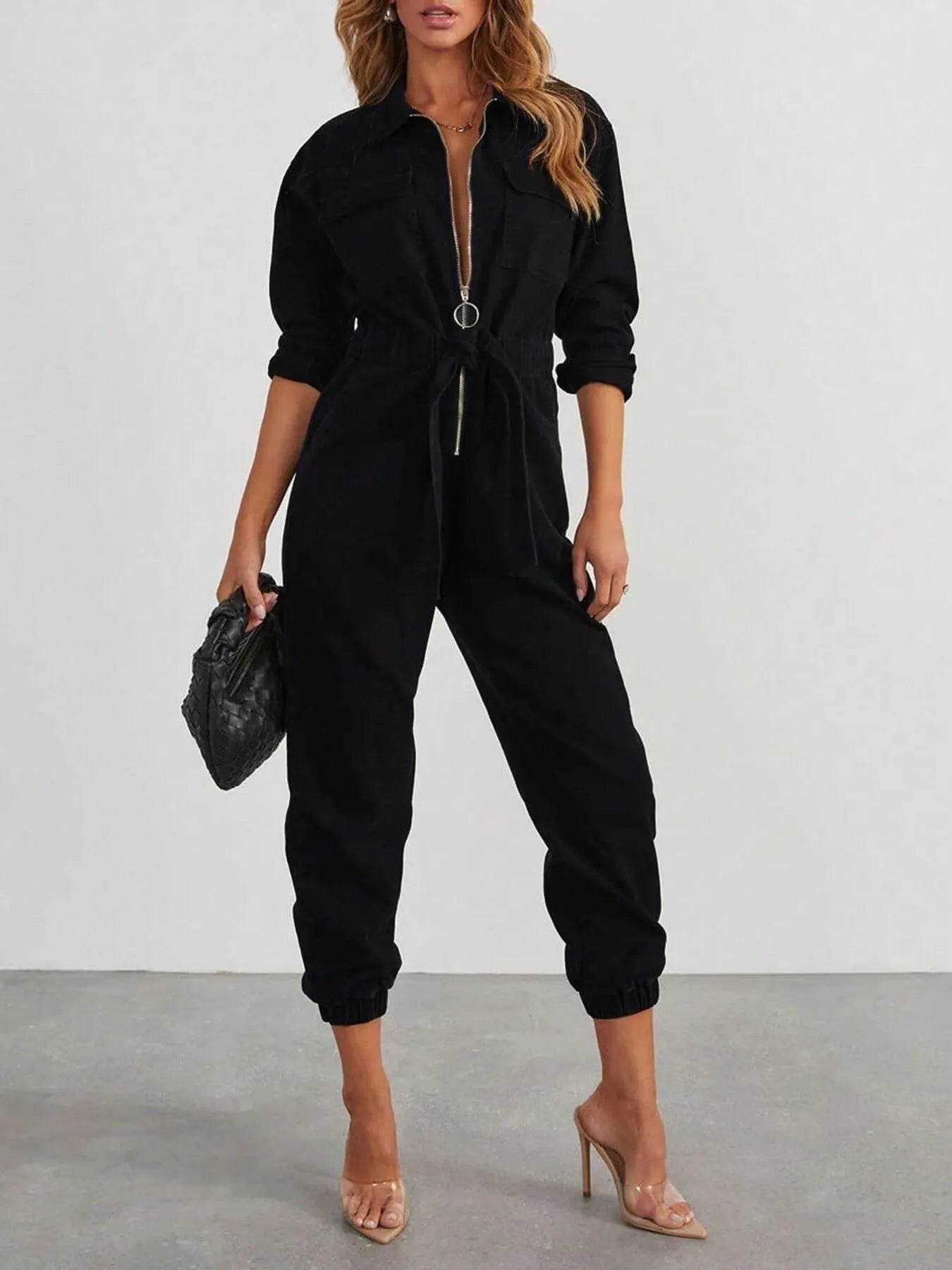 Zip Front Long Sleeve Jumpsuit - IntuitiveEncBoutique