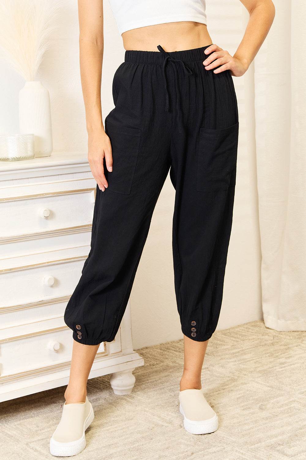 Shiny Decorative Button Cropped Pants - IntuitiveEncBoutique