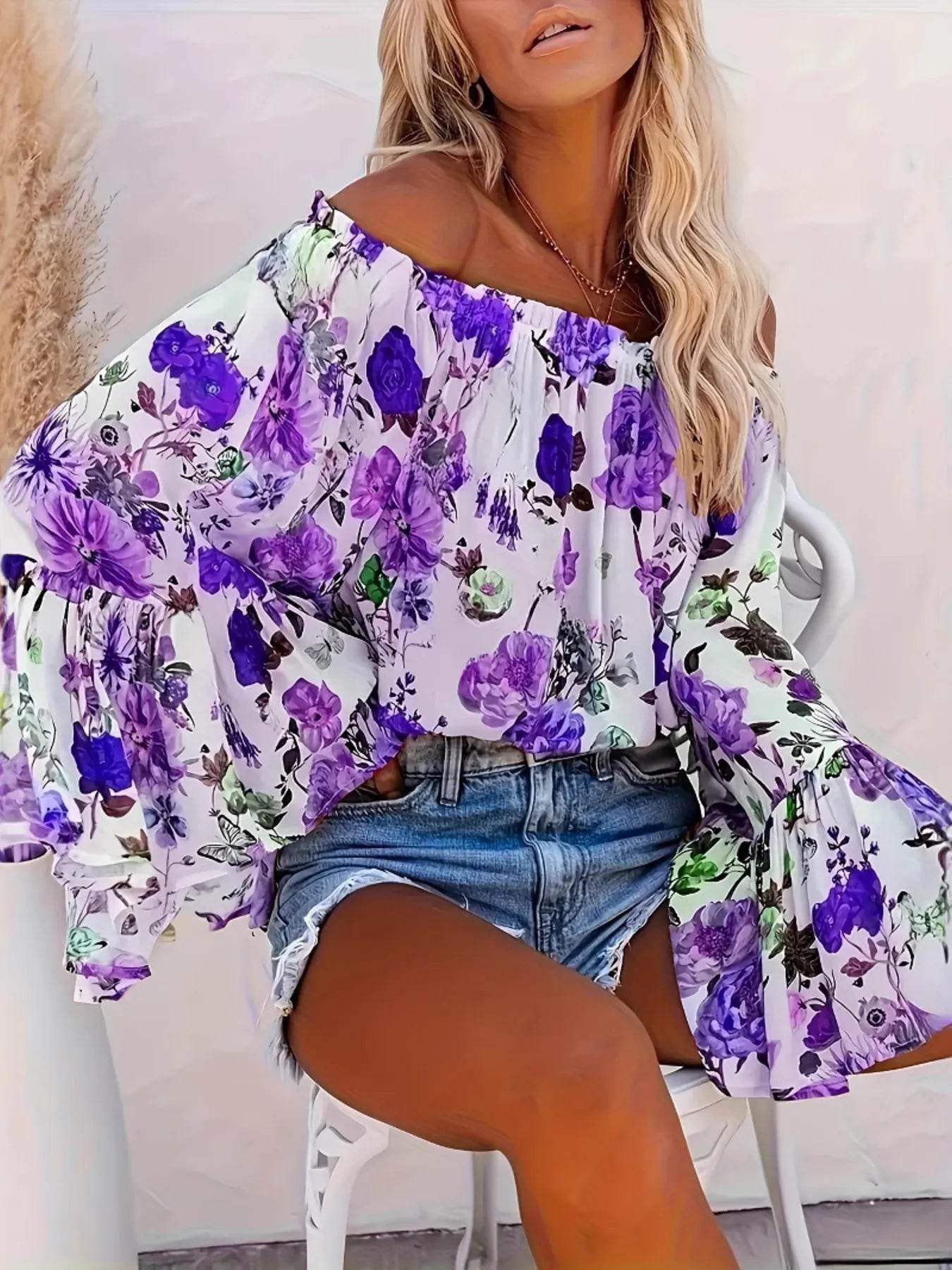 Full Size Floral Off-Shoulder Bell Sleeve Blouse Plus Size - IntuitiveEncBoutique
