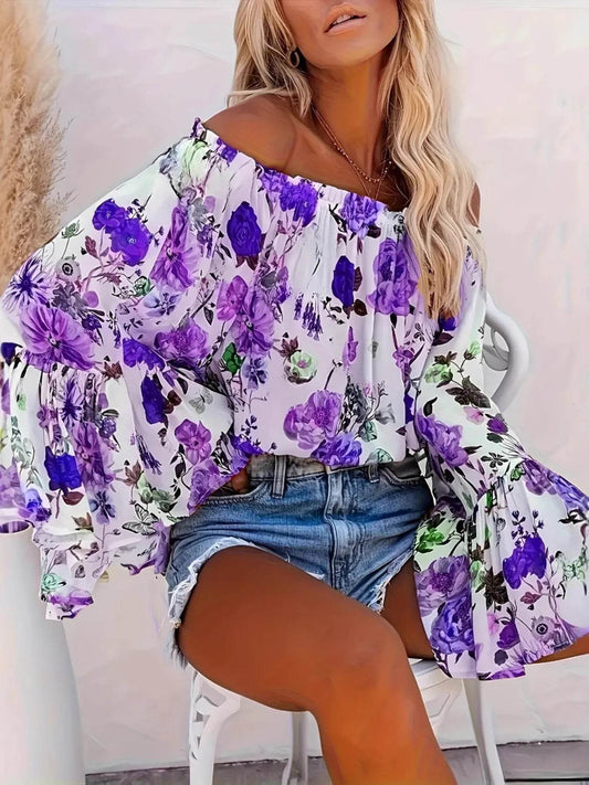 Full Size Floral Off-Shoulder Bell Sleeve Blouse Plus Size - IntuitiveEncBoutique