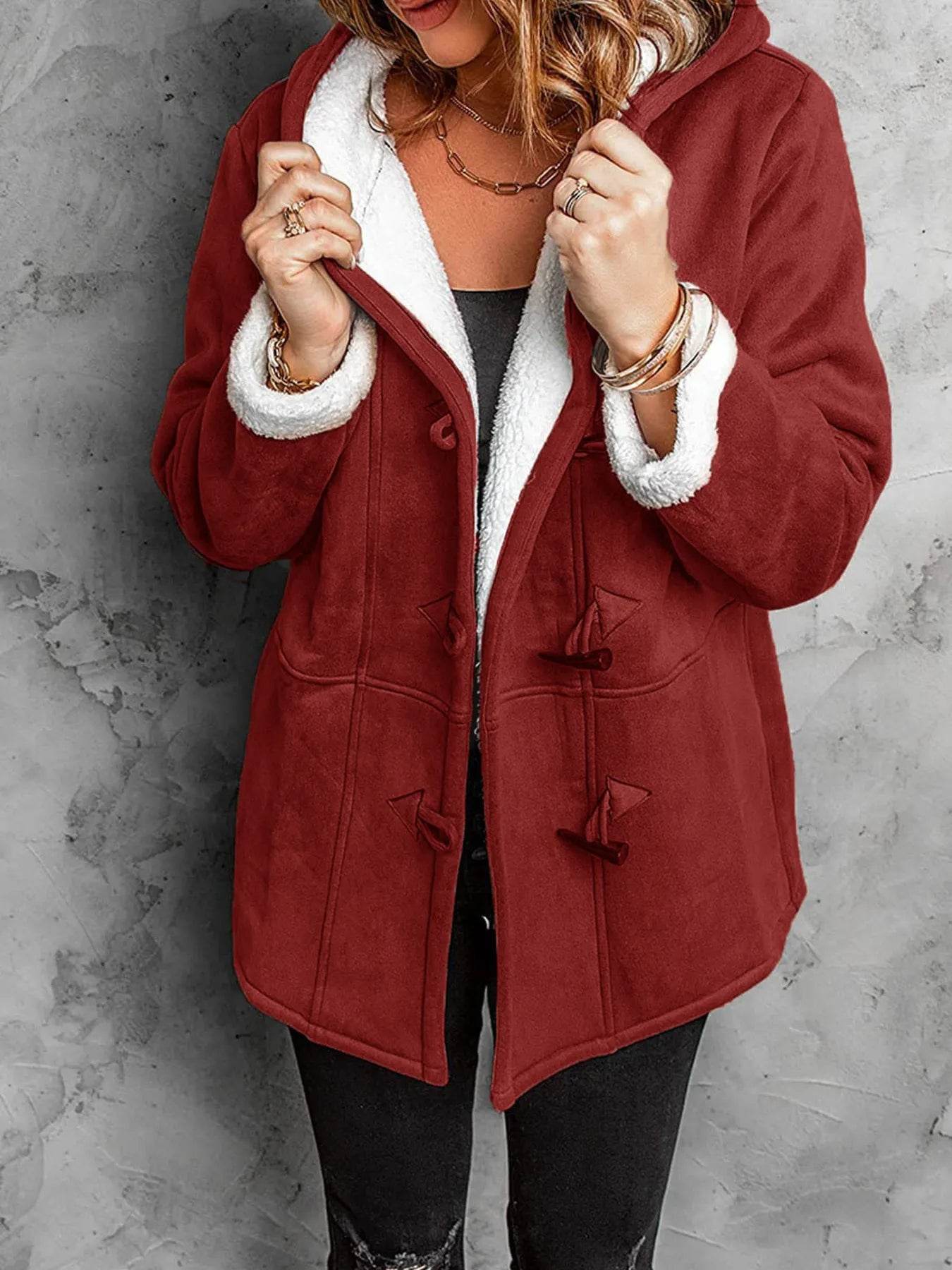 Full Size Cozy Sherpa Lined Toggle Coat with Hood Plus Size - IntuitiveEncBoutique