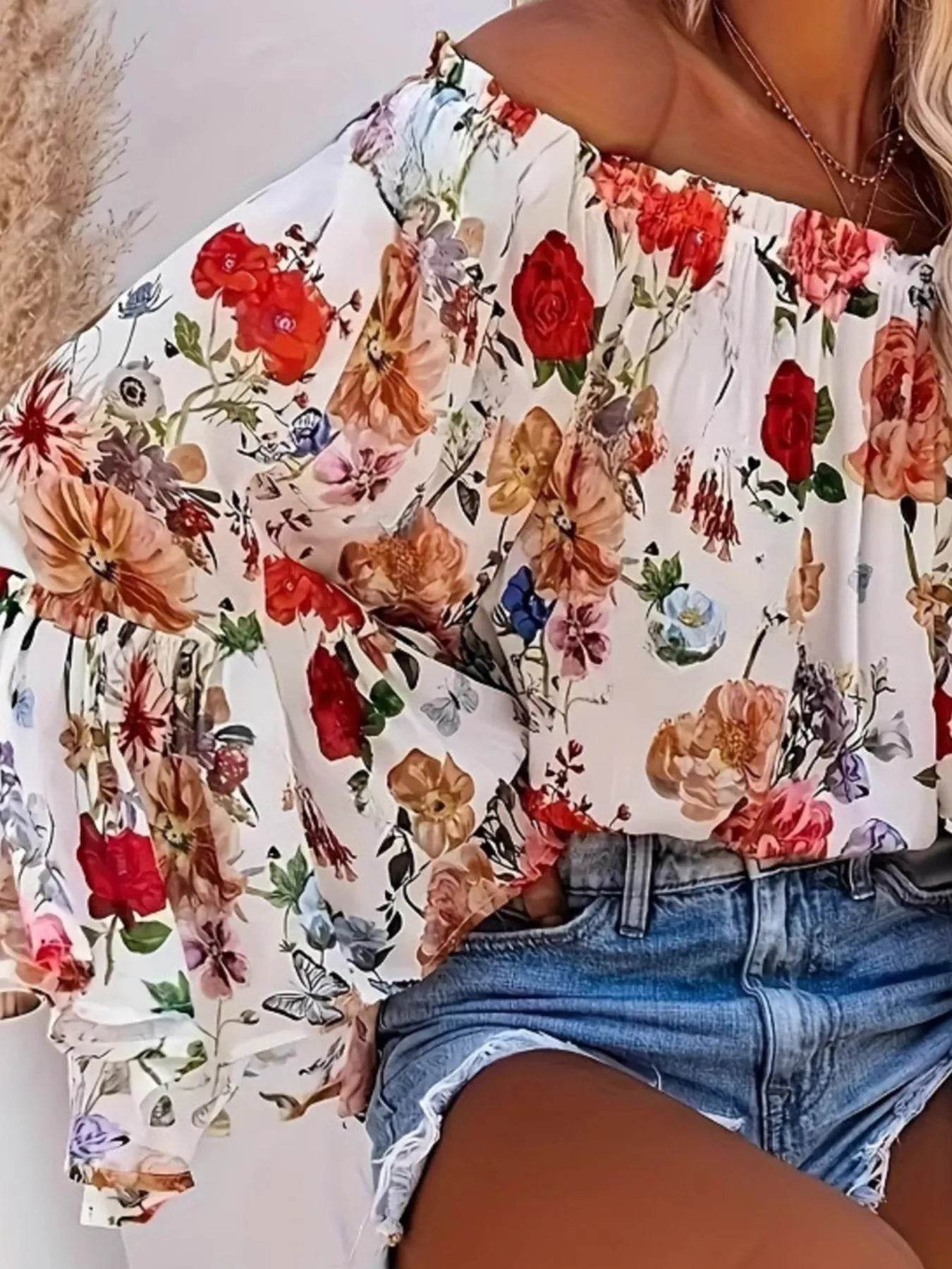 Full Size Floral Off-Shoulder Bell Sleeve Blouse Plus Size - IntuitiveEncBoutique