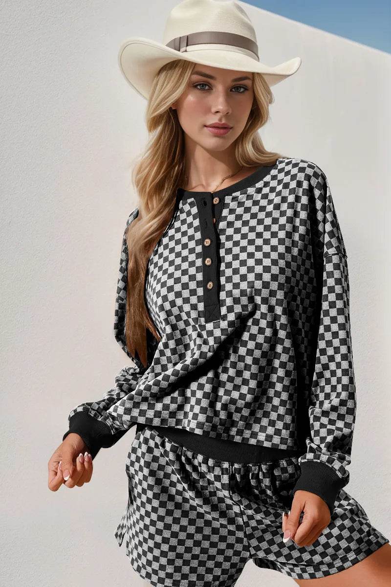 Double Take Checkered Half Button Top and Shorts Set - IntuitiveEncBoutique