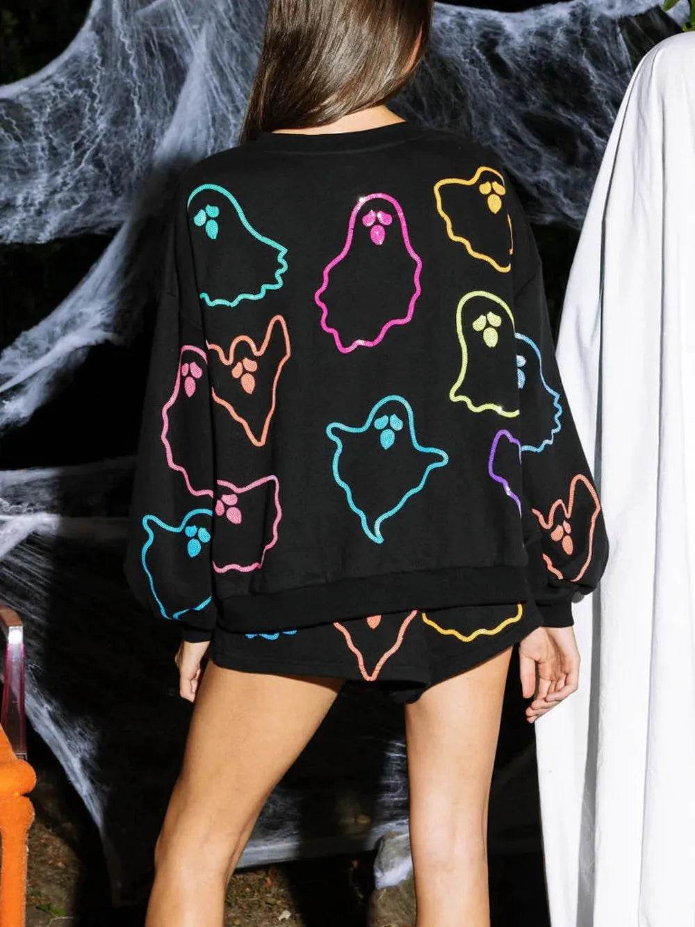 Ghost Printed Round Neck Long Sleeve Top and Shorts Set - IntuitiveEncBoutique