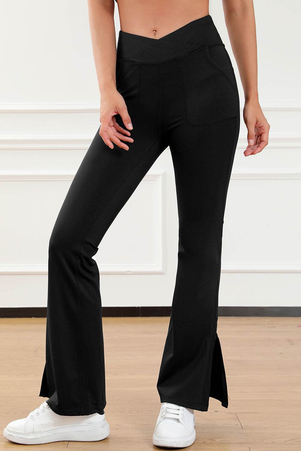 Black Cross Waist Pocketed Split Hem Flared Leggings - IntuitiveEncBoutique