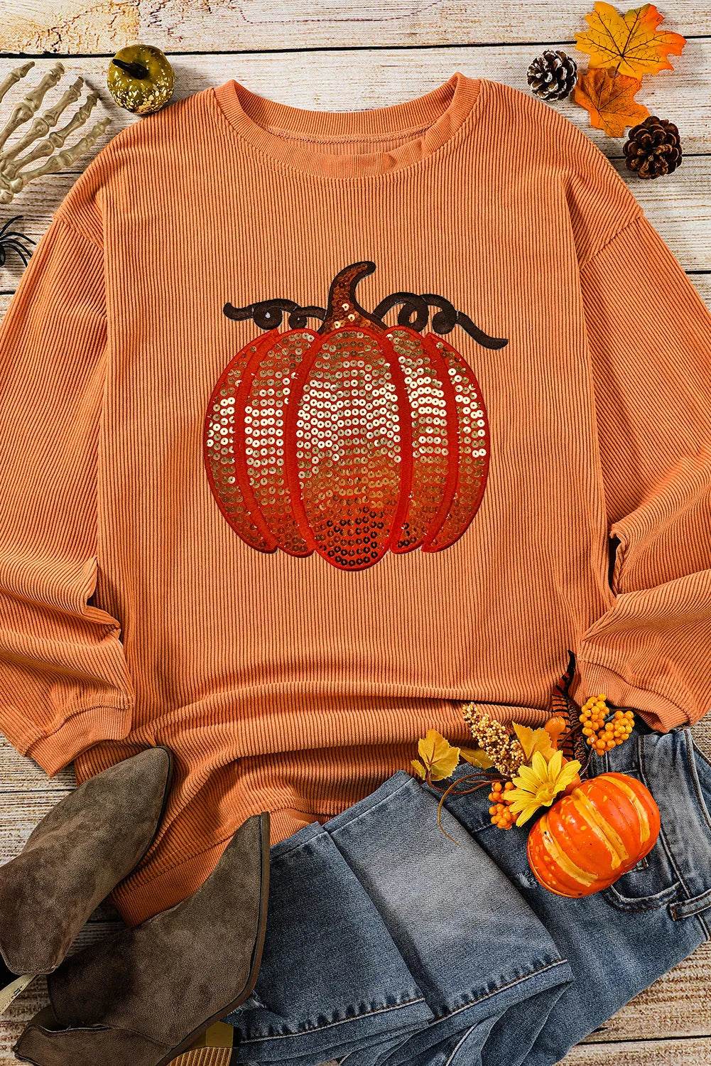 Sequin Pumpkin Round Neck Long Sleeve Sweatshirt - IntuitiveEncBoutique