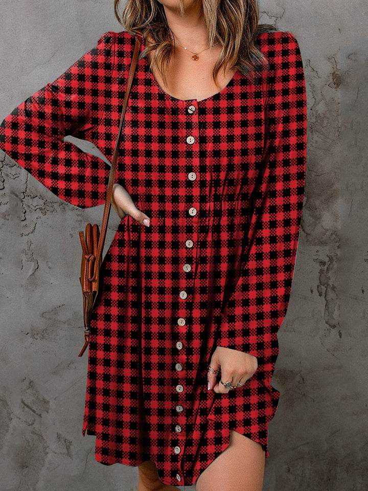 Double Take Full Size Plaid Round Neck Long Sleeve Magic Dress - IntuitiveEncBoutique