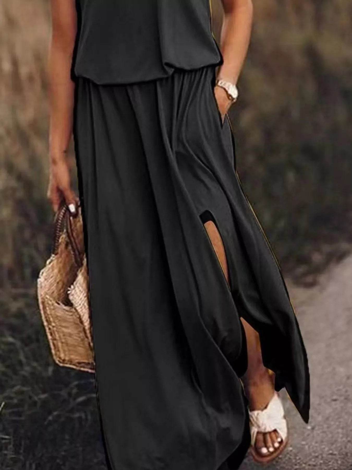 Full Size Round Neck Sleeveless Slit Maxi Dress Plus Size - IntuitiveEncBoutique