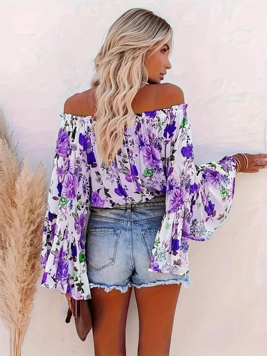 Full Size Floral Off-Shoulder Bell Sleeve Blouse Plus Size - IntuitiveEncBoutique