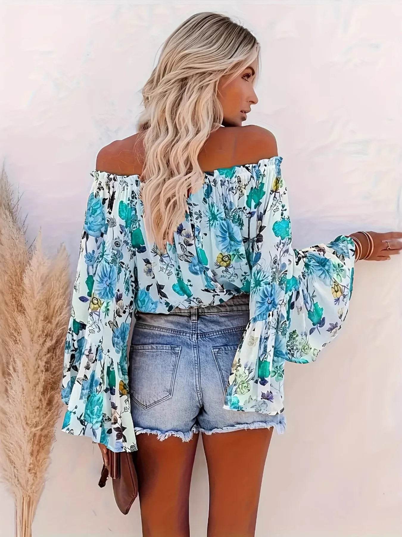 Full Size Floral Off-Shoulder Bell Sleeve Blouse Plus Size - IntuitiveEncBoutique