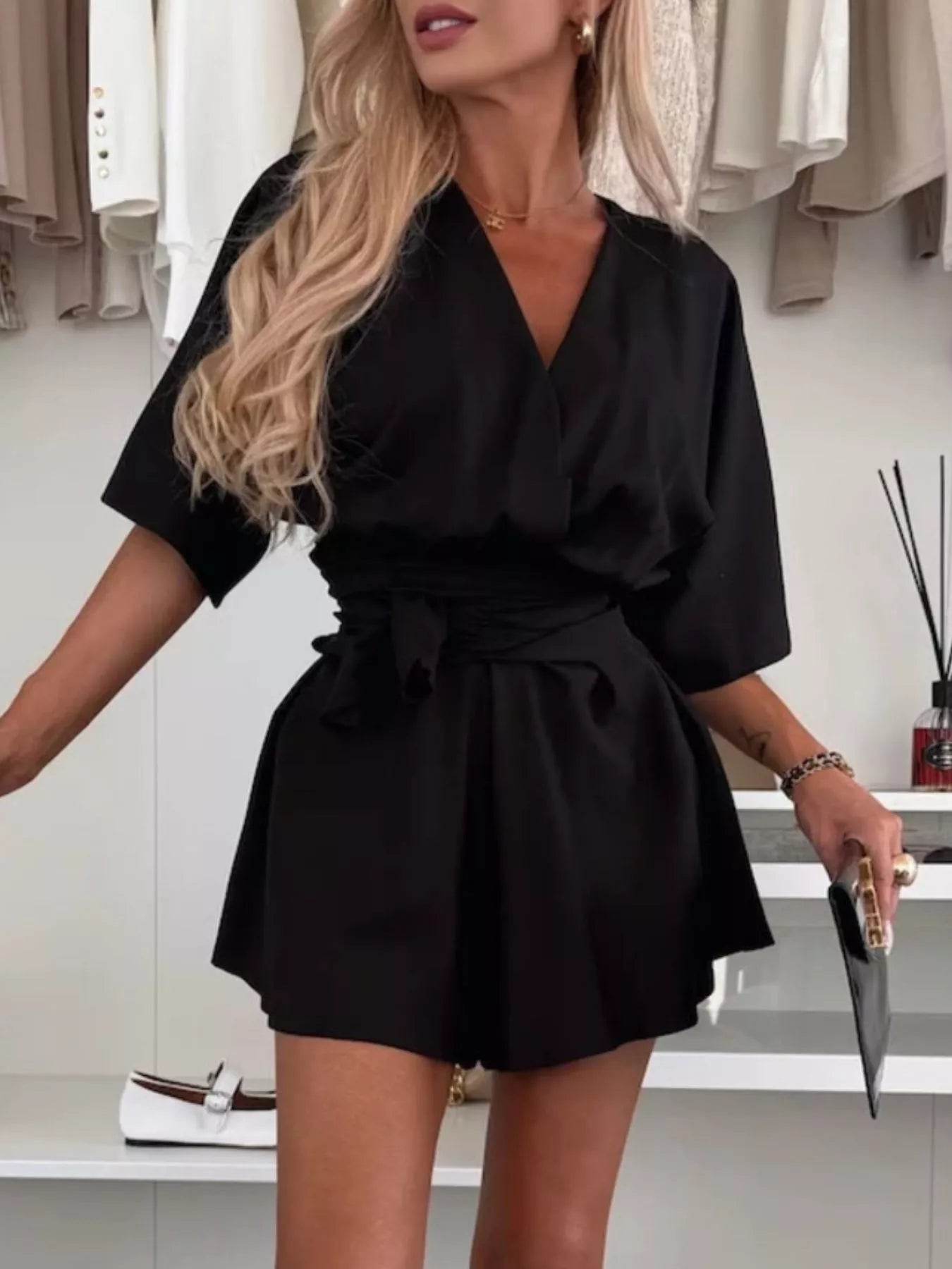 Full Size Surplice Tie Waist Romper Plus Size - IntuitiveEncBoutique