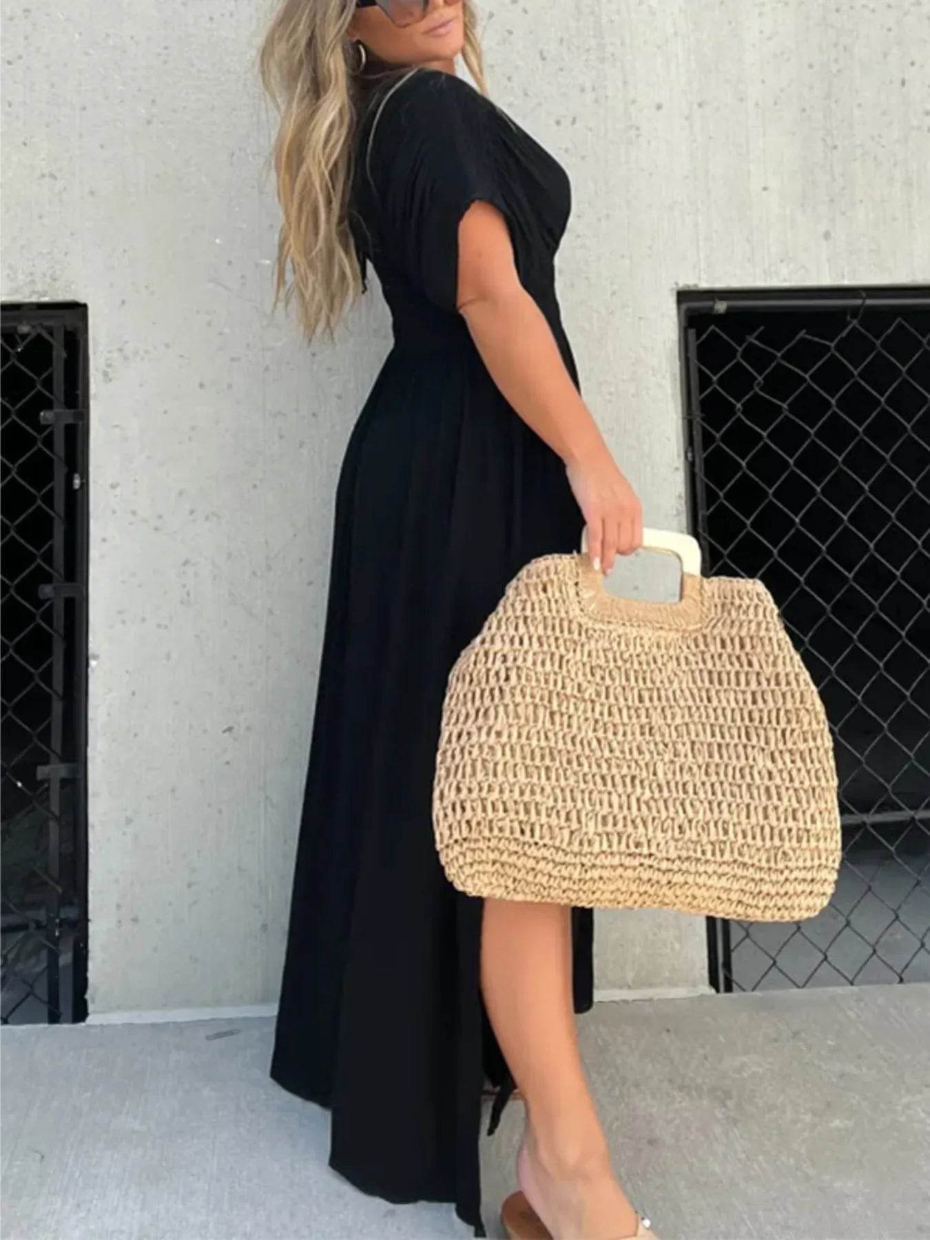 Full Size Deep V-Neck Maxi Dress with Side Slit Plus Size - IntuitiveEncBoutique
