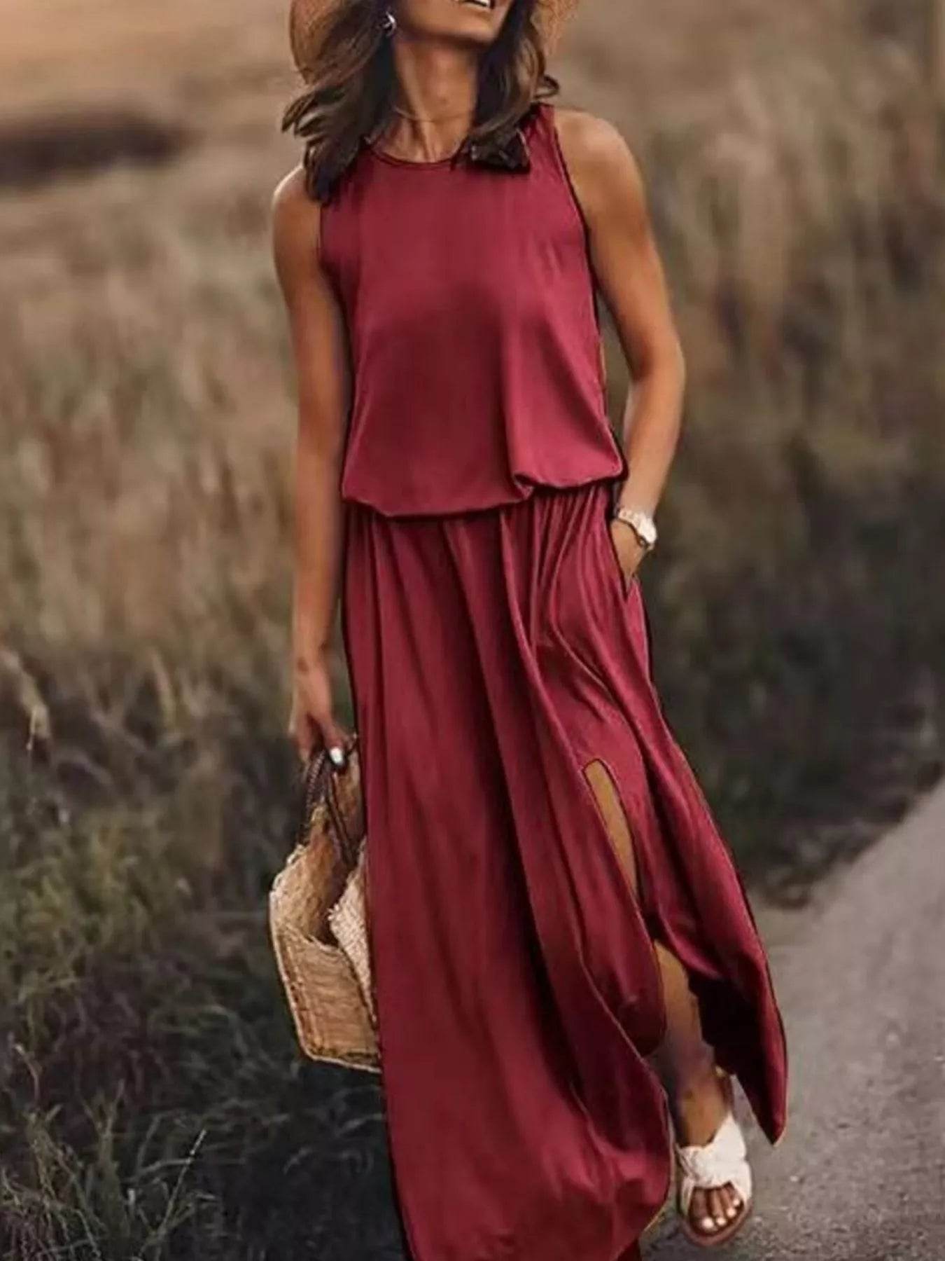 Full Size Round Neck Sleeveless Slit Maxi Dress Plus Size - IntuitiveEncBoutique