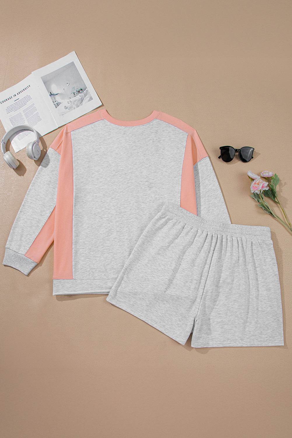 Light Grey Uneven Hem Color block Pullover Casual Shorts Plus Size 2pcs Outfit - IntuitiveEncBoutique