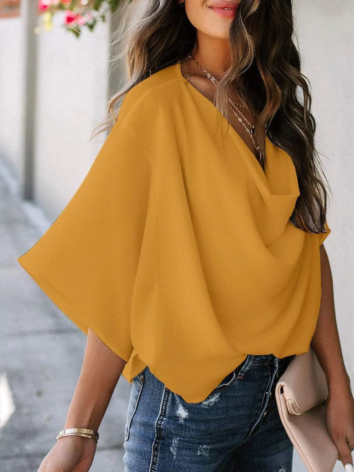 Full Size Ruched Three-Quarter Sleeve Blouse Plus Size - IntuitiveEncBoutique
