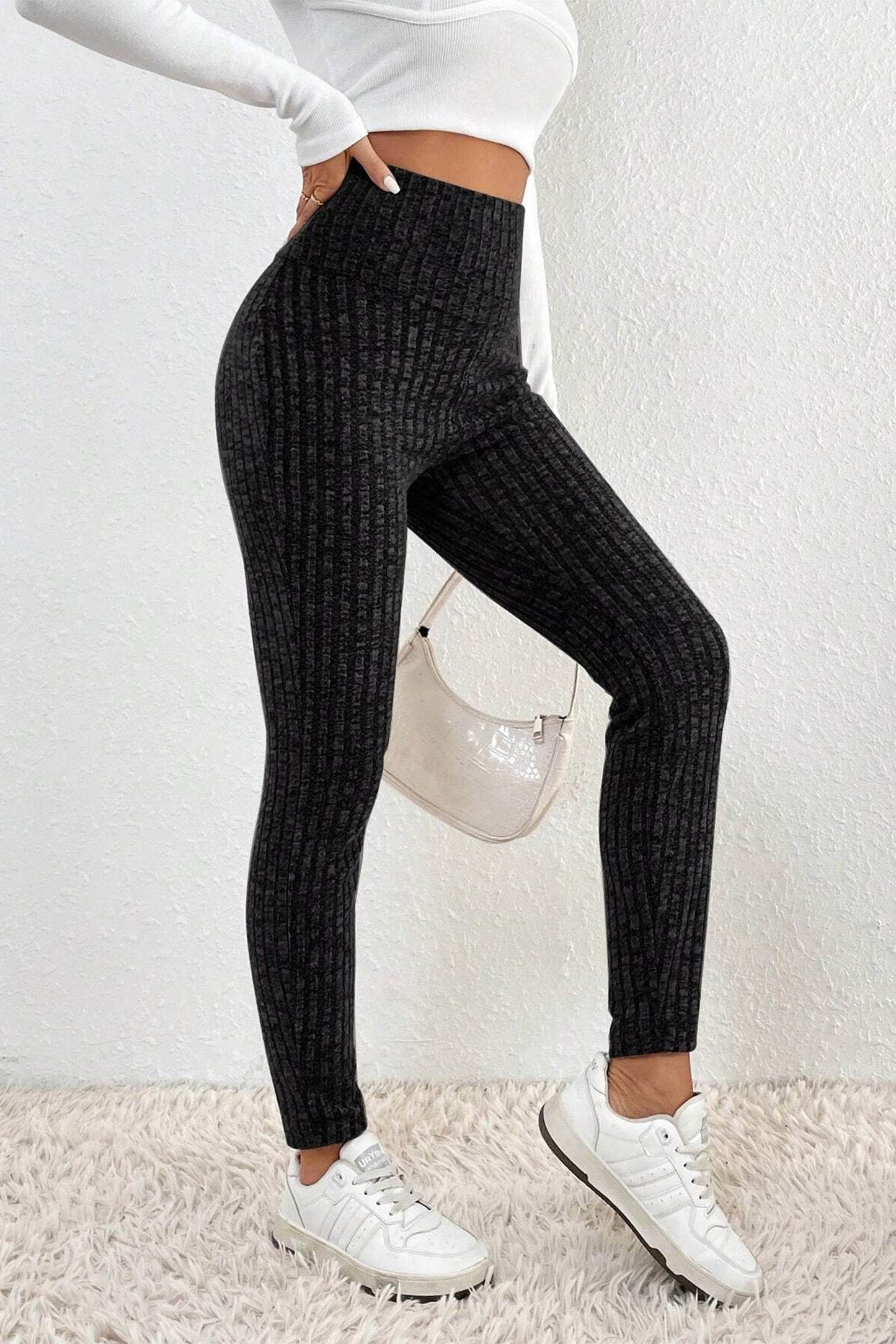 Dark Grey Wide Waistband Ribbed Textured Knit Leggings - IntuitiveEncBoutique