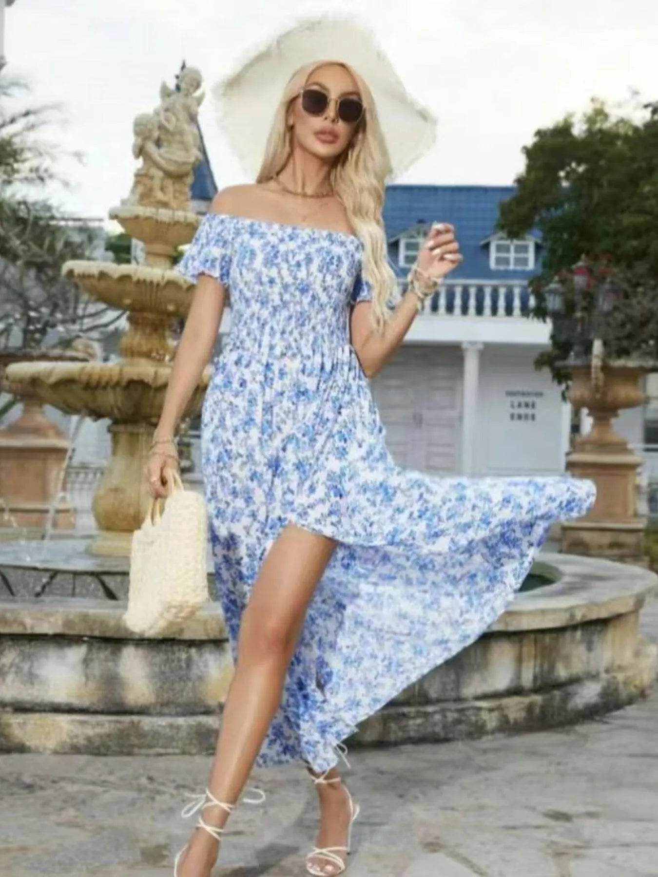Full Size Slit Off-Shoulder Floral Midi Dress Plus Size - IntuitiveEncBoutique