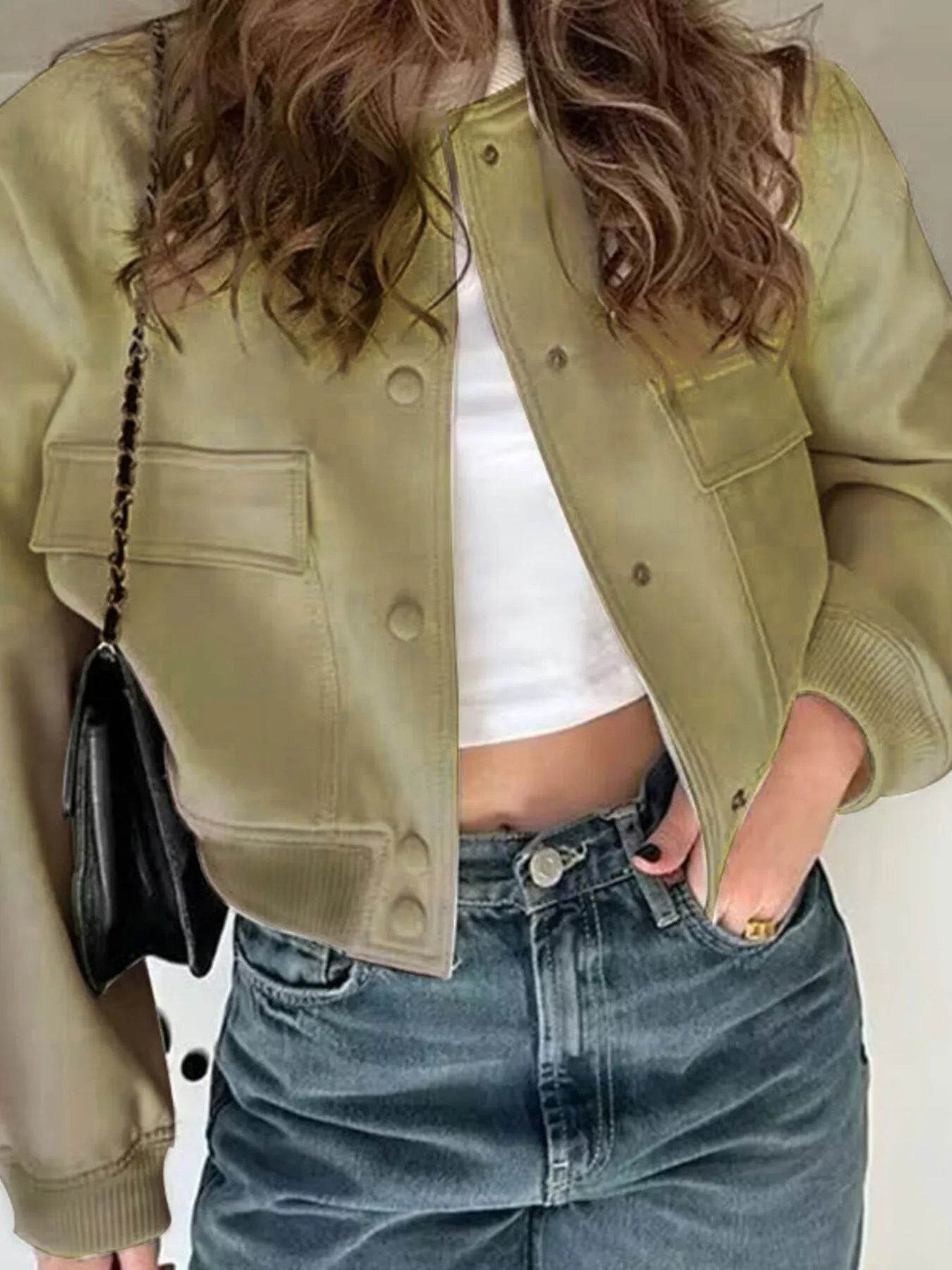 Full Size Cropped Snap Down Jacket Plus Size - IntuitiveEncBoutique