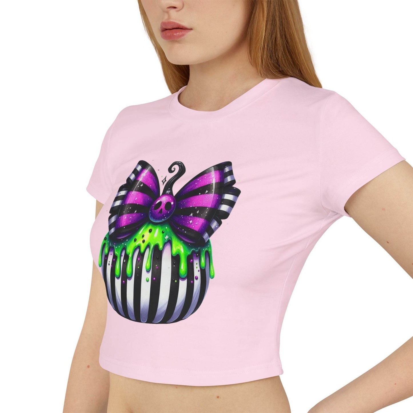 Cute Halloween Baby Tee with Spooky Bow Design | Women's Graphic T-Shirt, Party Shirt, Fall Fashion, Gift Idea, Casual Wear - IntuitiveEncBoutique
