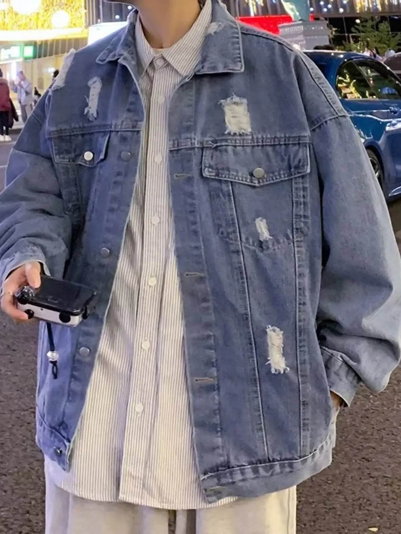 Men's Full Size Distressed Button Up Denim Jacket Plus Size - IntuitiveEncBoutique