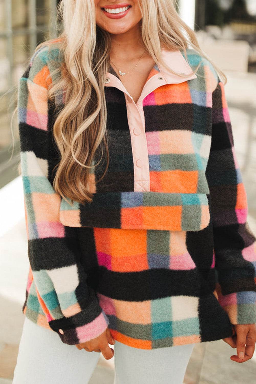 Black Plus Size Checkered Print Sherpa Henley Sweatshirt - IntuitiveEncBoutique