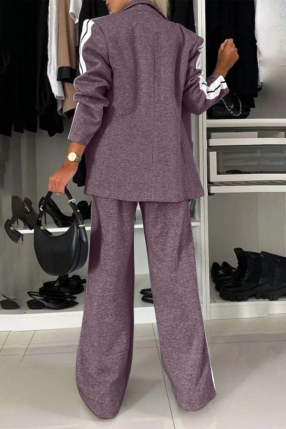 Full Size Contrast Lapel Collar Top and Pants Set - IntuitiveEncBoutique
