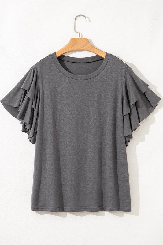 Dark Grey Double Ruffled Short Sleeve Plus Size Top - IntuitiveEncBoutique