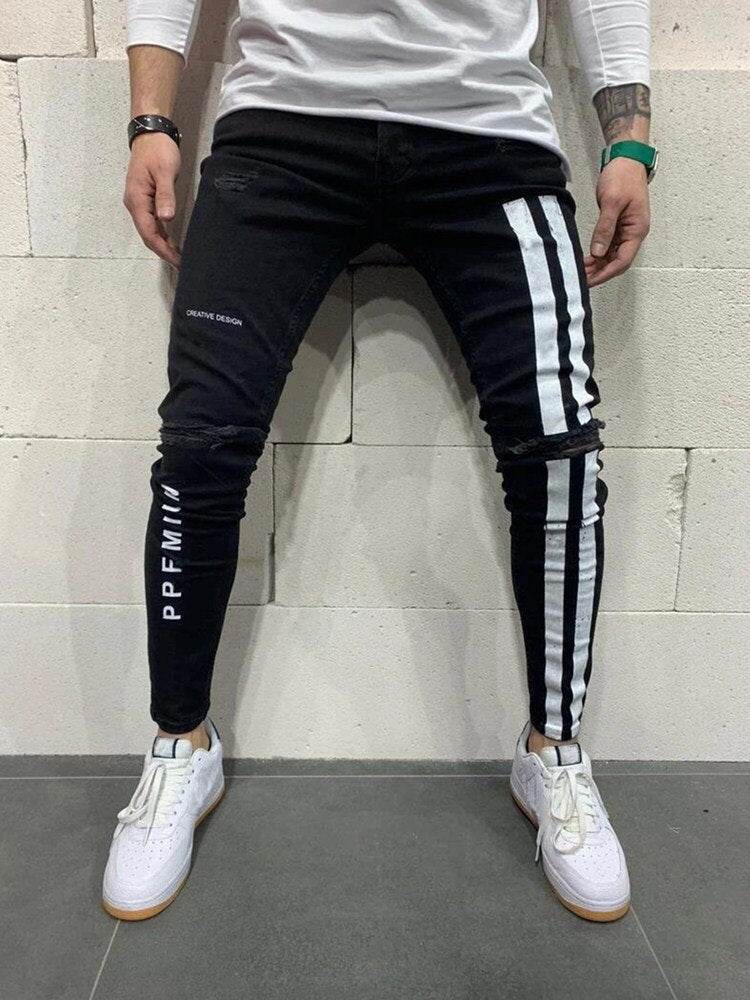 Men's Ripped jeans Badge Letters Hip-hop Skinny Jogging Denim Fashion Pencil Long Trousers Distressed Jeans For Men Clothing - IntuitiveEncBoutique