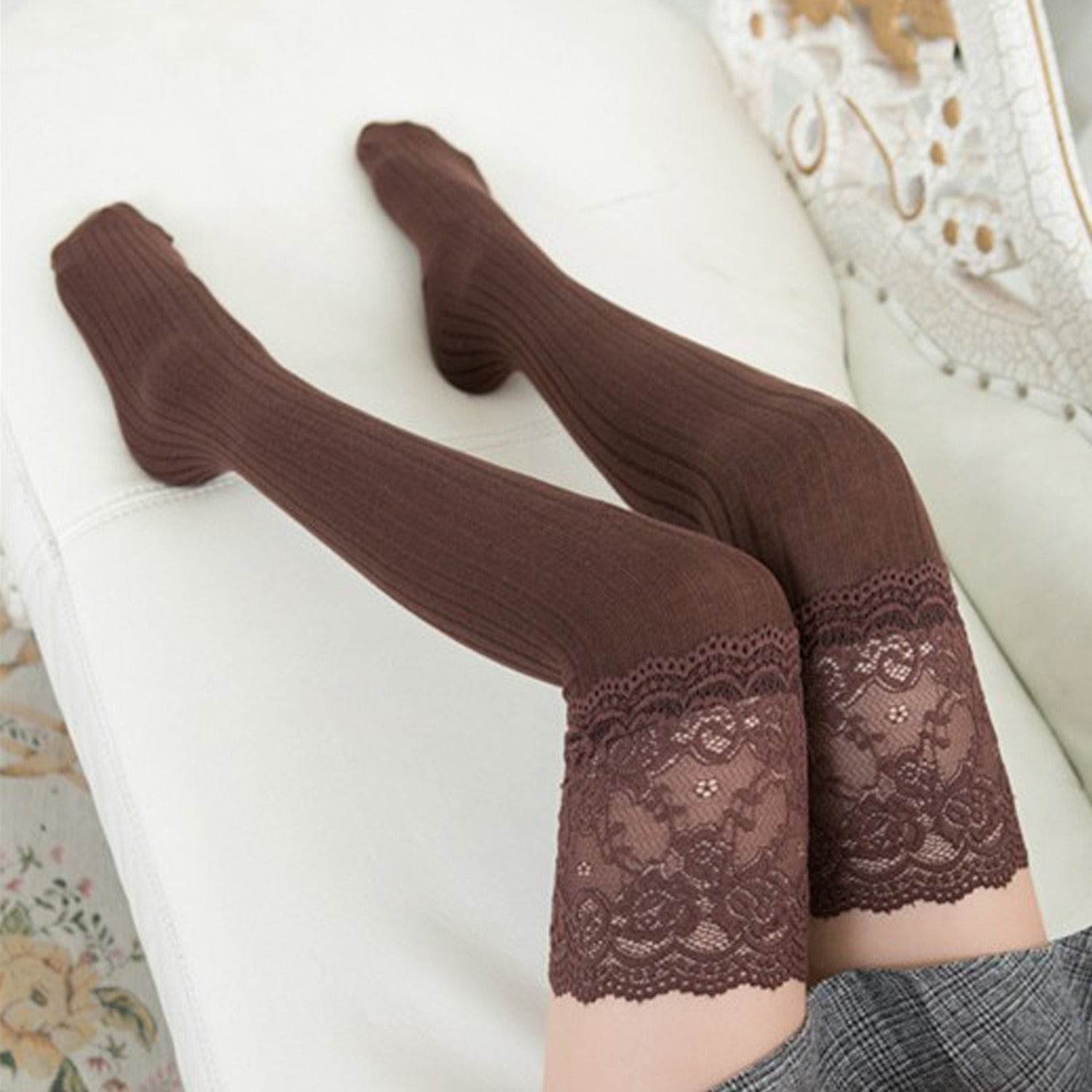 Japanese and Korean New Lace Knee Socks Spring and Autumn Cotton Vertical Stripe Stockings Non slip High thigh Stockings - IntuitiveEncBoutique