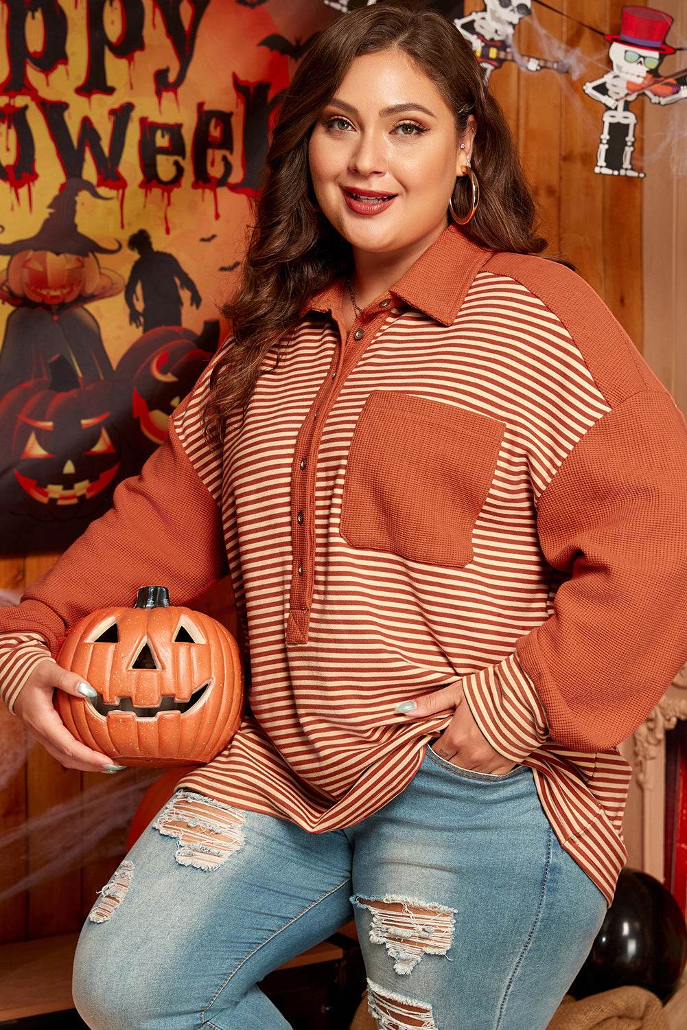 Red Stripe Textured Patched Drop Shoulder Buttoned Plus Size Sweatshirt - IntuitiveEncBoutique