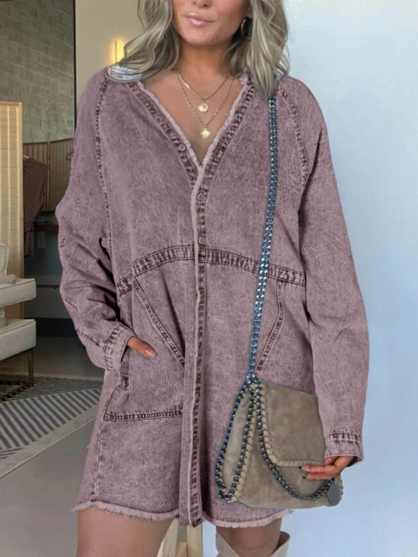 Full Size Button-Front Long Sleeve Denim Shirt Dress Plus Size - IntuitiveEncBoutique
